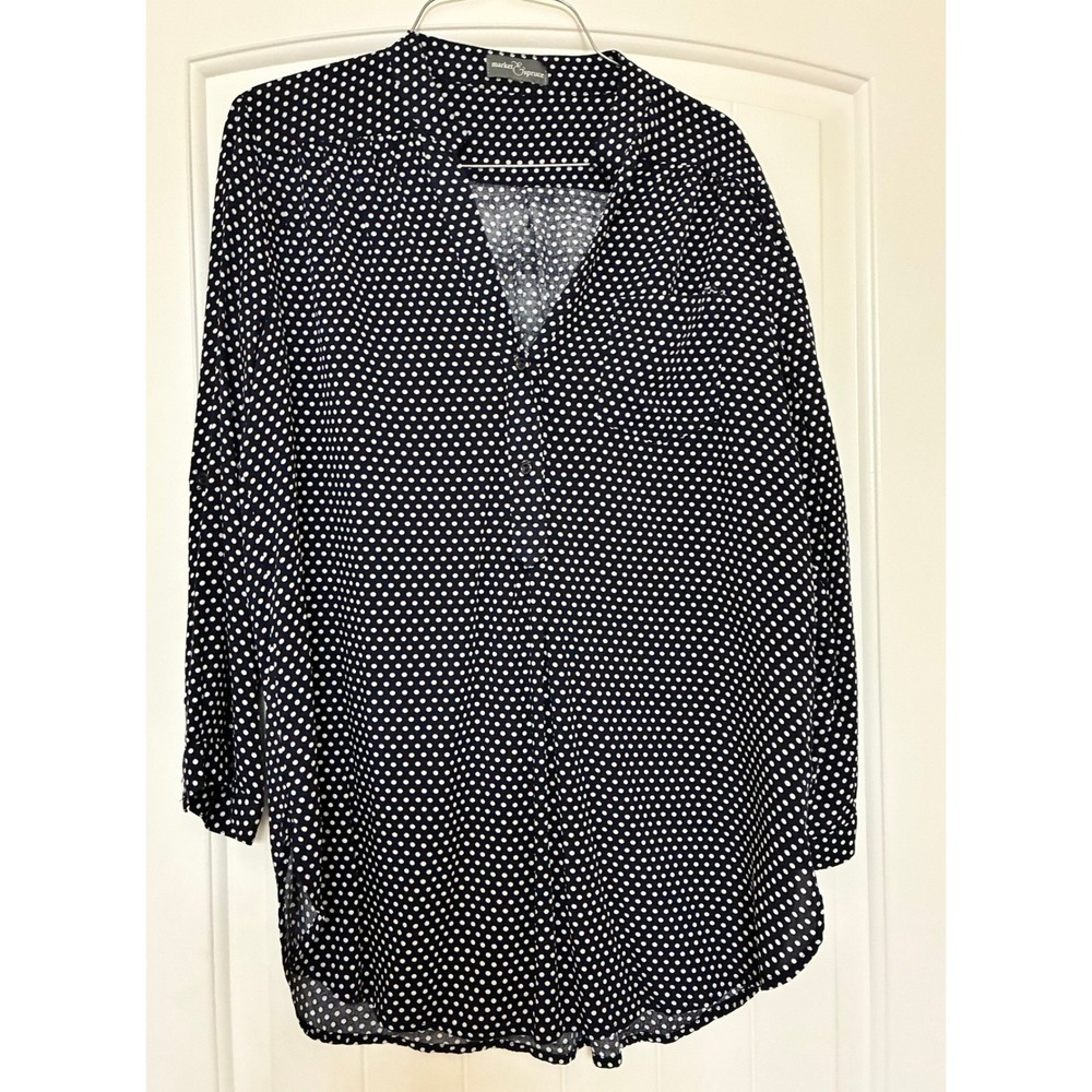 Black White Striped Button Down Blouse Roll Tab Sleeve Size L